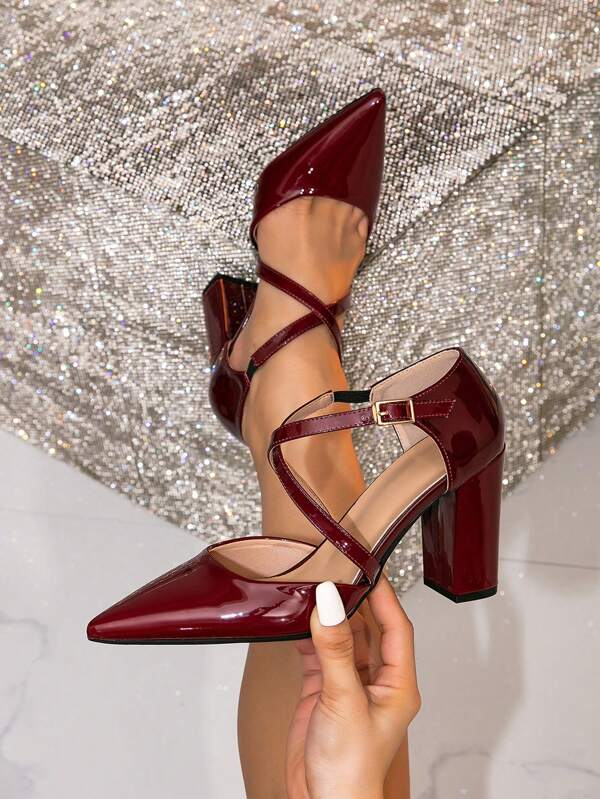 Women's Elegant Wine Red Pointed Toe High Chunky Heel Slip-On Hollow-Out Pumps With Elastic Crossing Straps & Buckle Closure, Fall Shoes