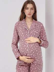 2pcs/Set Maternity Nursing Pajama Set, Long Sleeve Top And Pants, Floral Print Lapel Design, Fall Winter Clothes - Pink - View 4