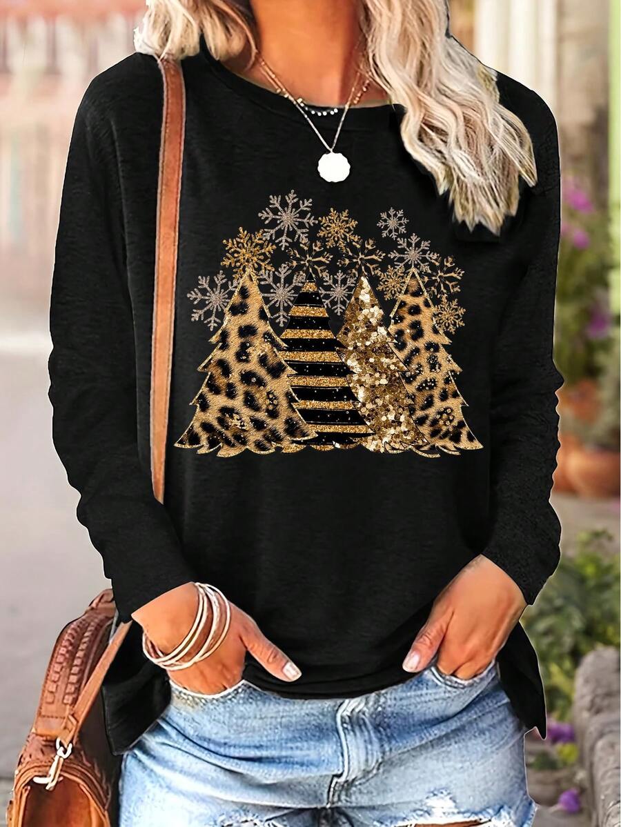 Christmas Tree & Snowflake Print Crew Neck Long Sleeve Women T-Shirt - Black - View 1