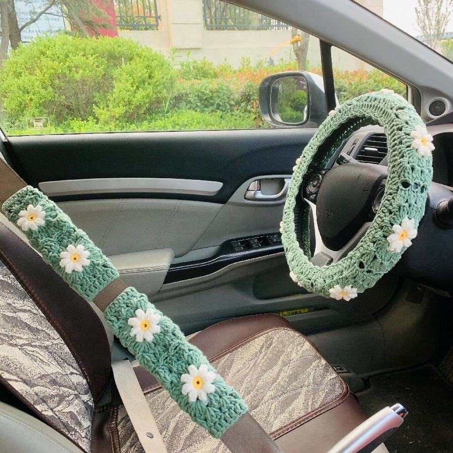 Handmade Crochet Puff Steering Wheel Cover And Seatbelt Cover