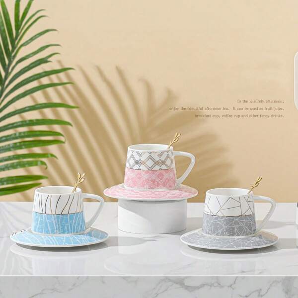 6 Pezzi Set Tazza da Caffè e Piattino, Set di Tazza e Piattino in Ceramica di Lusso Nordico Placcato in Oro con Cucchiaino, Adatto per Casa, Ufficio, Tè Pomeridiano, Bevanda di Caffè, Rientro a Scuola