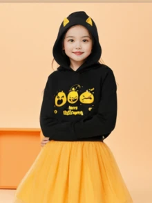 OIPOIG 2 件套年轻女孩万圣节长袖套装、万圣节派对、南瓜和仙女印花、网眼裙、长袖连帽衫和网眼裙