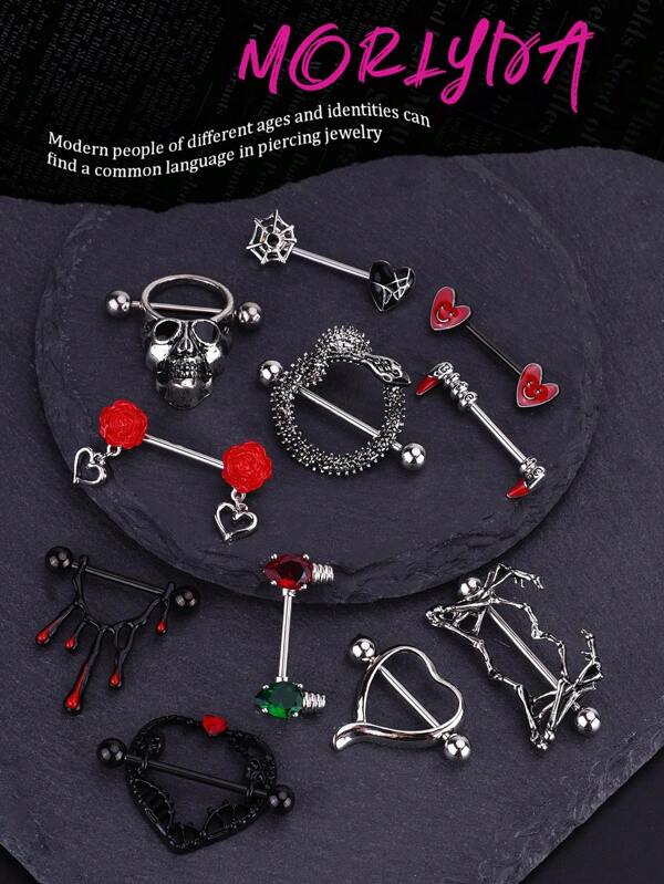 Set de 2 anillos de pezón estilo punk gótico con gotas de sangre hechos de acero inoxidable 316L con diseños de telaraña, corazón de esqueleto, flor, serpiente, cara sonriente, hueso y mano. Joyas para pezones para mujeres y niñas para citas, fiestas, Halloween, uso diario, San Valentín, mamá, madre, Día de la madre, regalo