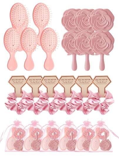 24 件粉色派对礼品套装 - 新娘送礼会礼物、弹力发圈、手镜、发刷、网状礼品袋、婚礼、求婚、生日派对用品发饰