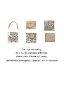 1 Mini Towel Embroidered With Initial Letter Pattern Handbag, Printed Linen Handbag, Small Flower Linen Button Decoration Handbag, Simple Large Capacity Handbag, Portable Leisure Storage Handbag, Multi-Functional Shopping Bag