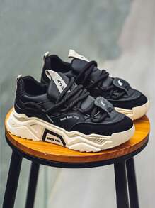 Viral Fashion Men's Casual High-End Leather Platform Sneakers, Autumn Sporty Running Thick Sole Chunky Sneakers - Black - View 2