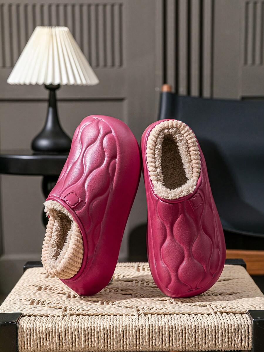 可爱熊防水拖鞋，舒适温暖毛绒内衬套装鞋，冬季室内外拖鞋 - 粉色 - 查看 1