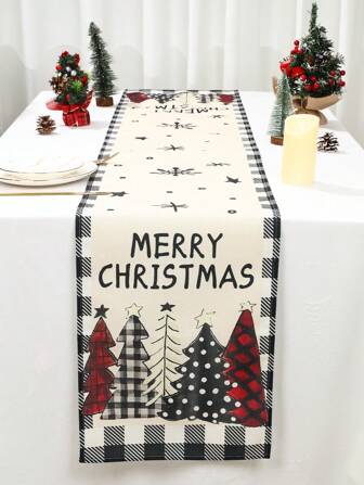 1pc Thick Linen Christmas Table Runner, Grey Black Grid Edge Christmas Tree Design Tablecloth, Durable Linen Table Flags, Table Cover Perfect Decoration For Family Christmas Party Room Table Home Decor 2026 New Year Decoration Supplies, Xmas Decoration, Christmas Gift, Christmas Ornaments