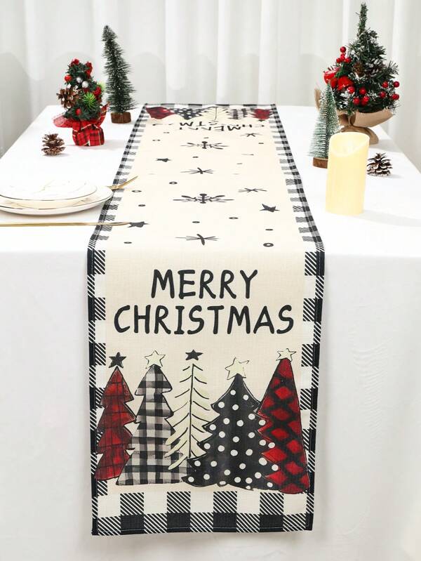 1 pieza Camino de mesa de lino grueso para Navidad, mantel con diseño de árbol de Navidad con borde en cuadrícula gris y negro, bandera de mesa de lino duradera, cubierta de mesa perfecta para decorar la fiesta de Navidad familiar, decoración del hogar 2026 Decoración de Año Nuevo, decoración navideña, regalo de Navidad, adornos navideños