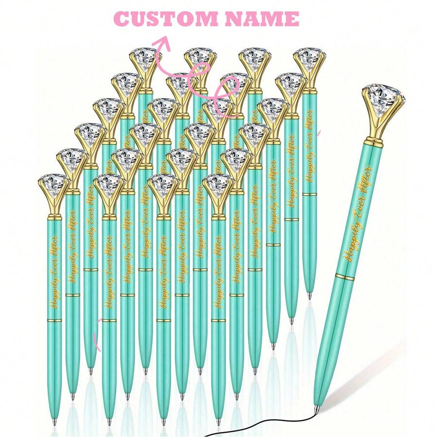 60 支水钻点缀绿色鼠尾草新娘送礼会笔，散装水晶闪亮圆珠笔，适合客人、女性、女孩、学校、办公室、派对返校的精美婚礼礼物 - 金色 - 查看 1