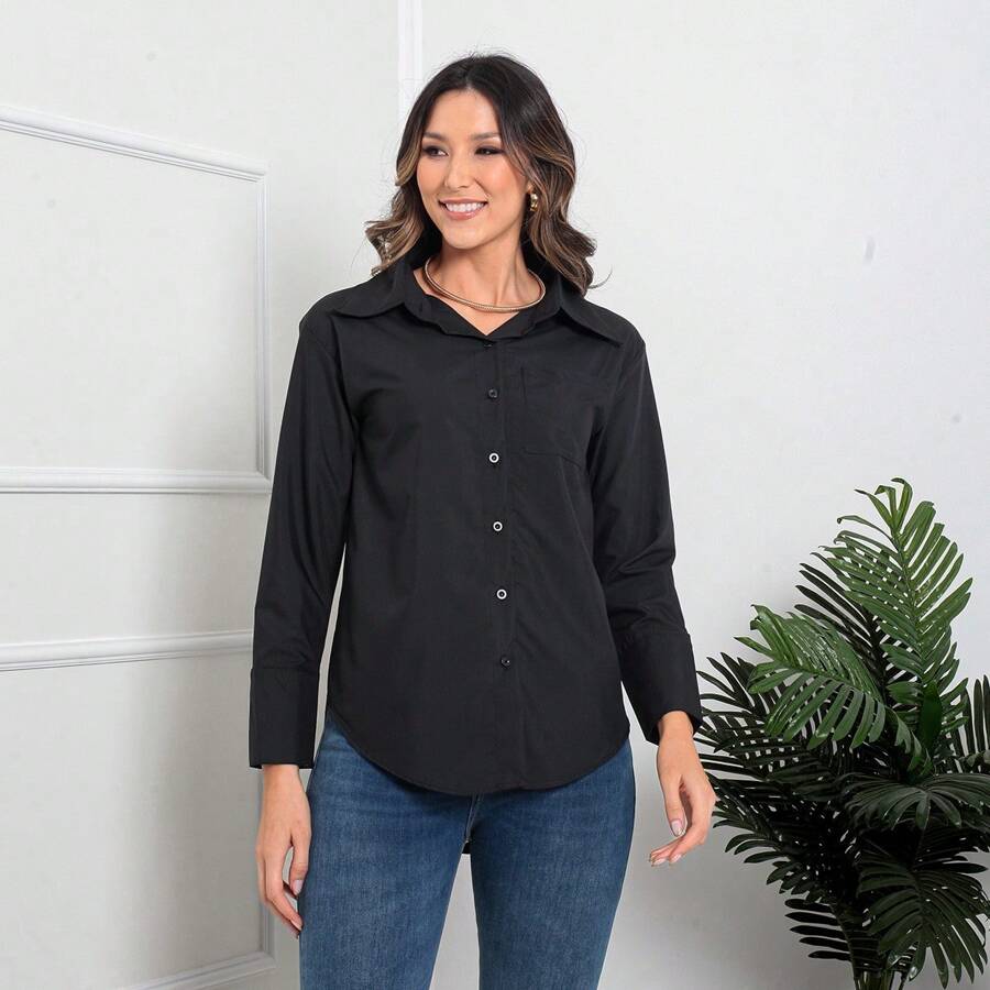 Women's Shirt Long Sleeve Blouse With Front Pockets 3700-1 - màu đen - Xem 1