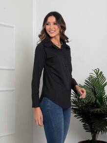 Women's Shirt Long Sleeve Blouse With Front Pockets 3700-1 - màu đen - Xem 3