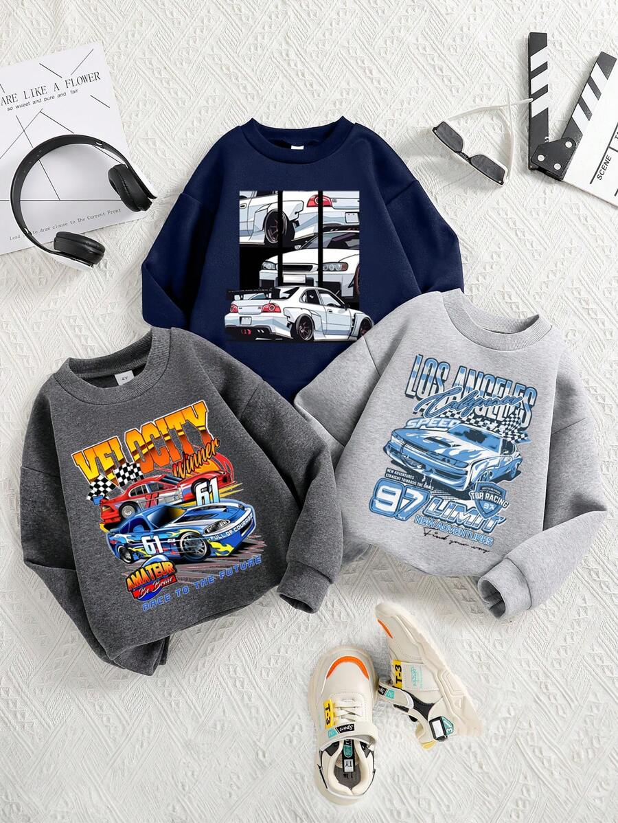 Young Boy 3pcs Car Pattern Printed Warm Crewneck Sweatshirts - Multicolor - View 1