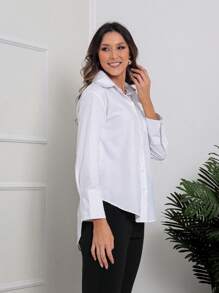 Women's Shirt Long Sleeve Blouse With Front Pockets 3700-1 - trắng - Xem 3