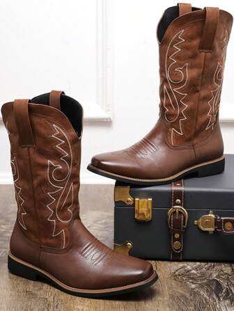 男士西部牛仔靴，刺绣花卉图案，高帮，秋冬款