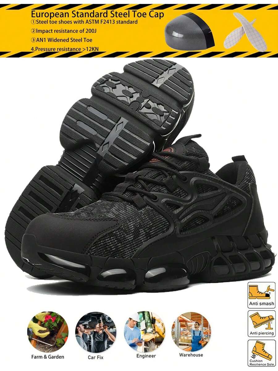 Men's Lightweight Indestructible Work Shoes Cushioned Rubber Sole Black Outdoor Safety Shoes For Garden Construction Driver Anti-Smashing Stab Sports Steel Toe Sneakers