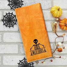 1pc, 35x75cm Halloween Day Of The Dead Skull Hand Towel Bath Towel Embroidery Skeleton Wash Hands Pattern Soft Highly Absorbent Decorative Towel Day Of The Dead, Perfect For Bathroom Kitchen Decor Gift