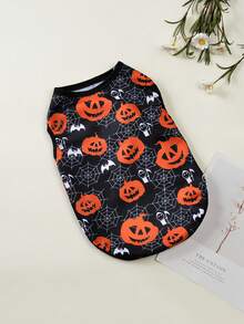 HOLAPET 1 件万圣节南瓜、幽灵、蜘蛛网印花宠物背心透气 T 恤，适合小型犬和猫 - 亮橙色 - 查看 6