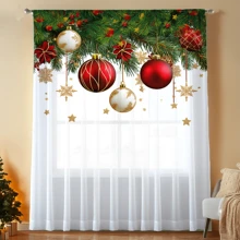 1pc Christmas Red & White Ornament Digital Print Sheer Curtain, Soft Polyester Fabric, Machine Washable, Rod Pocket Style, Bedroom Living Room Office Christmas Home Decor Curtain - Red and White - View 14