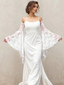 1件白色玫瑰蕾丝中长款可拆卸喇叭袖口新娘礼服 - 彩色 - 查看 6