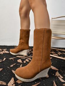 Women's High Boots, New Comfortable Distressed Heel Waterproof Platform Tall Boots, High Heel Thick Sole Boots, Fashion Versatile Back Zipper Fluffy Lined Tall Boots - Camel - View 3