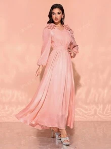 Women's V-Neck Ruffle Sleeve Embellished Floral Elegant Dress