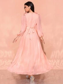 Women's V-Neck Ruffle Sleeve Embellished Floral Elegant Dress