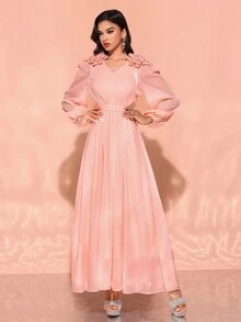 Women's V-Neck Ruffle Sleeve Embellished Floral Elegant Dress - Baby Pink - View 3