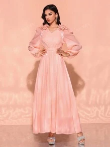 Women's V-Neck Ruffle Sleeve Embellished Floral Elegant Dress