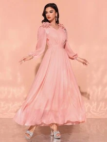 Women's V-Neck Ruffle Sleeve Embellished Floral Elegant Dress - Baby Pink - View 5