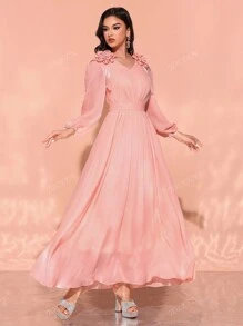 Women's V-Neck Ruffle Sleeve Embellished Floral Elegant Dress