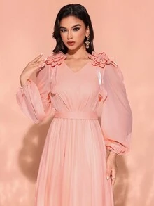 Women's V-Neck Ruffle Sleeve Embellished Floral Elegant Dress - Baby Pink - View 6