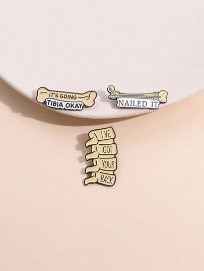3pcs Creative Cartoon Bone & Letter Alloy Brooches, Funny Bone Shaped Enamel Pins For Clothes, Bags, Gifts, Suitable For Men And Women