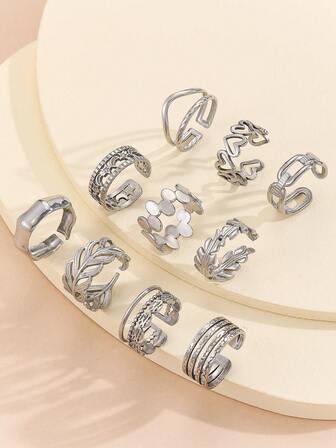 1件极简几何光滑不对称时尚开口戒指，螺旋指环配饰，独特设计弧形连接戒指