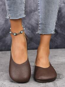 Women's Casual Flats, Round Toe Soft Bottom Low-Top Slip-On Shoes With Single Button, Rubber Sole, Comfortable For All Seasons, Light Weight, Available In Coffee And Beige Colors