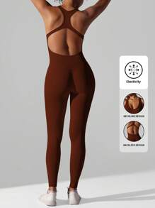 Yefecy Bộ đồ liền thân thể thao thời trang màu trơn, bộ đồ liền thân tập yoga co giãn cao, bộ đồ liền thân hở lưng, bộ đồ liền thân định hình thể thao dành cho nữ - Màu Đỏ Sâu - Xem 2