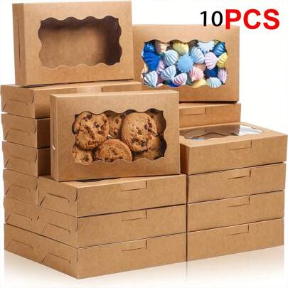 10pcs Cookie Boxes, Cupcake Boxes, Bread Packaging Boxes, Candy Snack Boxes, Dessert Boxes With Window, Small Containers For Wedding Birthday Desserts Cakes Candies