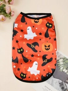 HOLAPET 1 件万圣节南瓜、幽灵、蜘蛛网印花宠物背心透气 T 恤，适合小型犬和猫 - 亮橙色 - 查看 10
