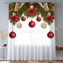 1pc Christmas Red & White Ornament Digital Print Sheer Curtain, Soft Polyester Fabric, Machine Washable, Rod Pocket Style, Bedroom Living Room Office Christmas Home Decor Curtain - Red and White - View 1