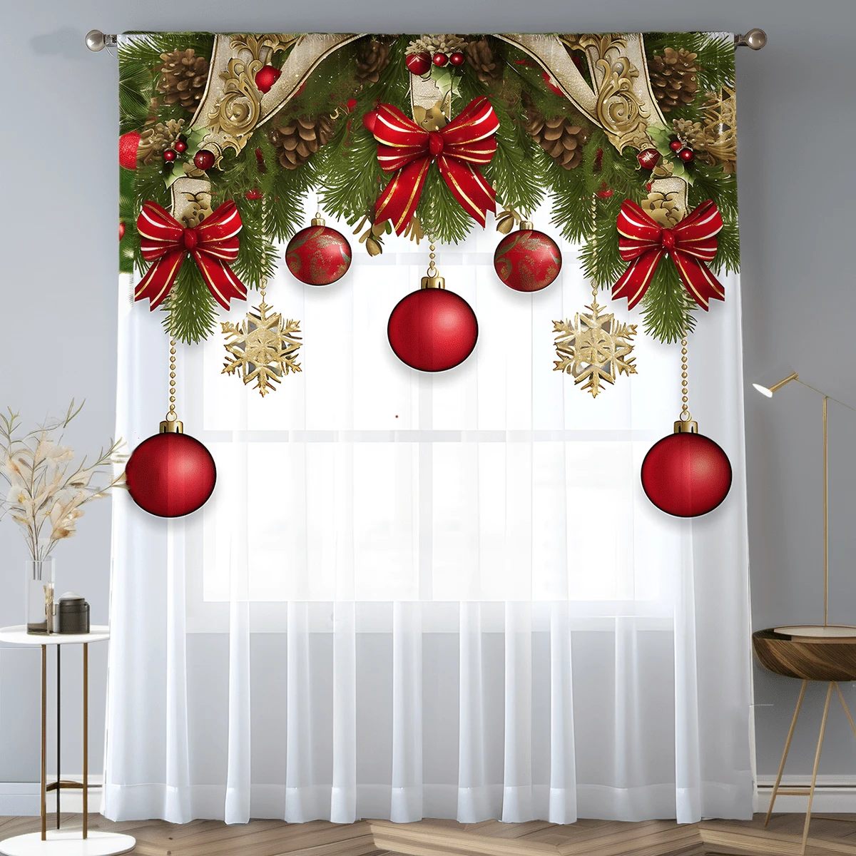1pc Christmas Red & White Ornament Digital Print Sheer Curtain, Soft Polyester Fabric, Machine Washable, Rod Pocket Style, Bedroom Living Room Office Christmas Home Decor Curtain - Red and White - View 1
