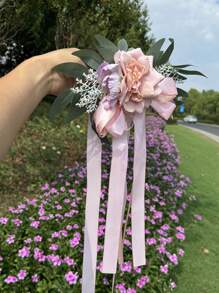 1 Stück Autospiegeldekoration für Hochzeit, Eukalyptus Blume für Stuhlrücken, Hochzeitsdekoration Flur, künstliche Rosenblume für Bambusstühle, Hochzeits- und Feiertagsdekoration Schleife, Hochzeitsauto Blumen