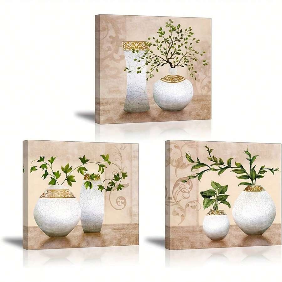 3 件/套浴室/走廊墙壁艺术，SZ HD 优雅帆布画印刷品，米色/棕褐色图片上的花瓶中的绿色春季植物，海报，墙壁艺术，房间装饰用品