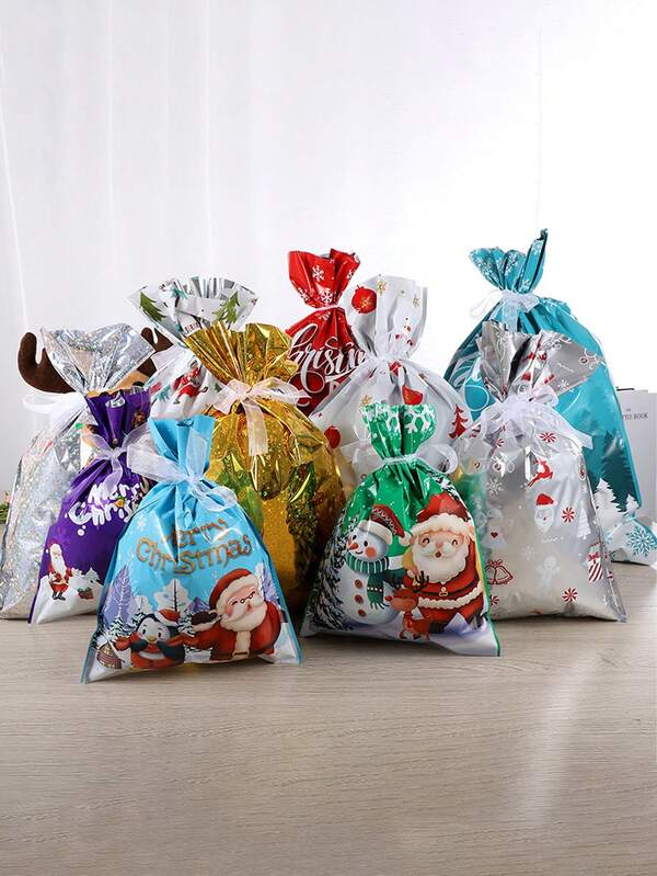 6/30pcs Candy Bag Cartoon Santa Claus Snowflake Gift Bag Multi Specification Plastic Drawstring Candy Bag Christmas Gift Bag,Christmas