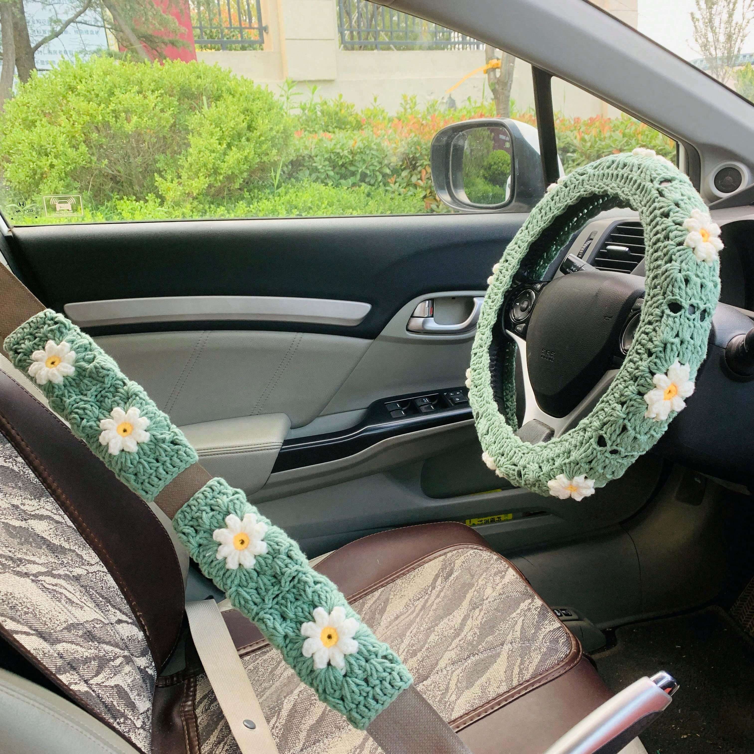 Handmade Crochet Puff Steering Wheel Cover And Seatbelt Cover Car