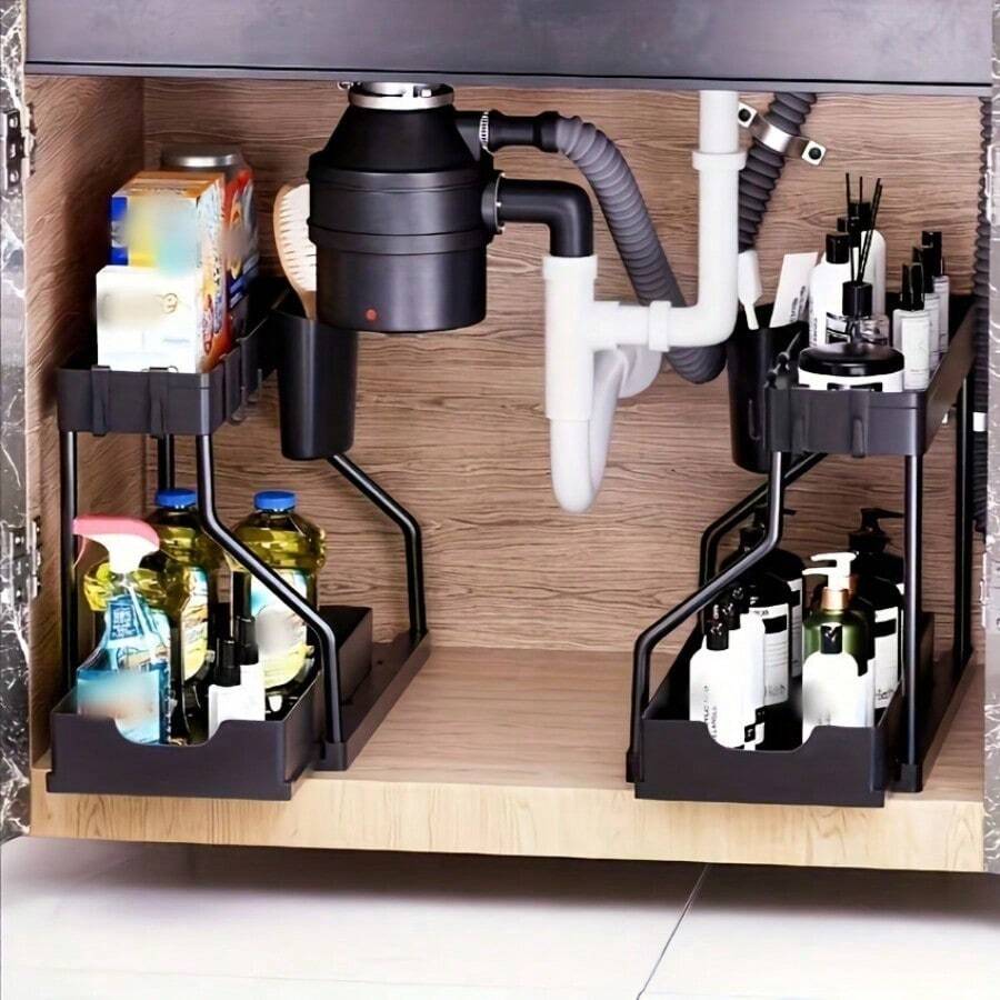 1 Pack Under Sink Organizer, 2Tier LShape Sliding Under Sink