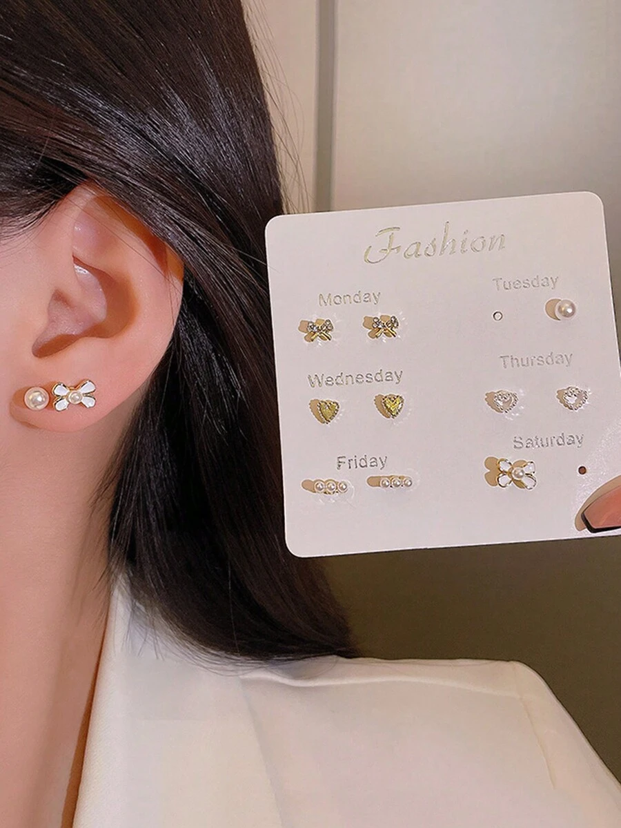 6 件套简约可爱蝴蝶结耳环女士设计感创意时尚珍珠首饰耳环配件 - 套裝A款 - 查看 1