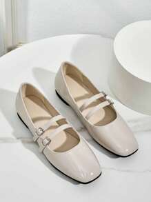 Fashion Women's Double Strap Buckle Flat Shoes, Versatile Breathable Casual Ballet Flats Slip-On Shoes