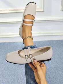 Fashion Women's Double Strap Buckle Flat Shoes, Versatile Breathable Casual Ballet Flats Slip-On Shoes