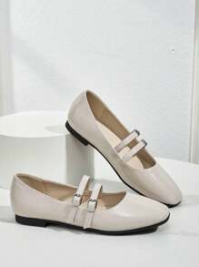 Fashion Women's Double Strap Buckle Flat Shoes, Versatile Breathable Casual Ballet Flats Slip-On Shoes