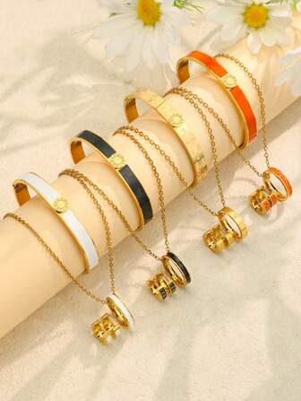 4pcs New Colorful Round Roman Numerals Bangles Enamel Stainless Steel Necklace Bracelets Earrings Jewelry Set For Women